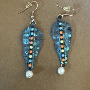 Handcrafted Artisan Blue Patina Metal and Beaded Leaf Earrings